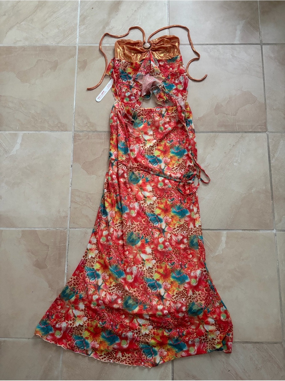 Coral Floral Halter Maxi Dress with Gold Accents